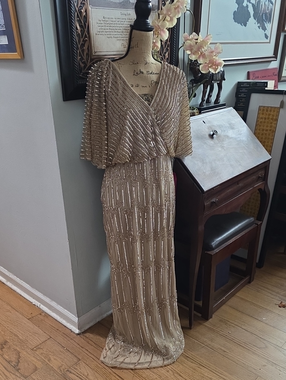 Adrianna Papell Gold Beaded Maxi Dress
